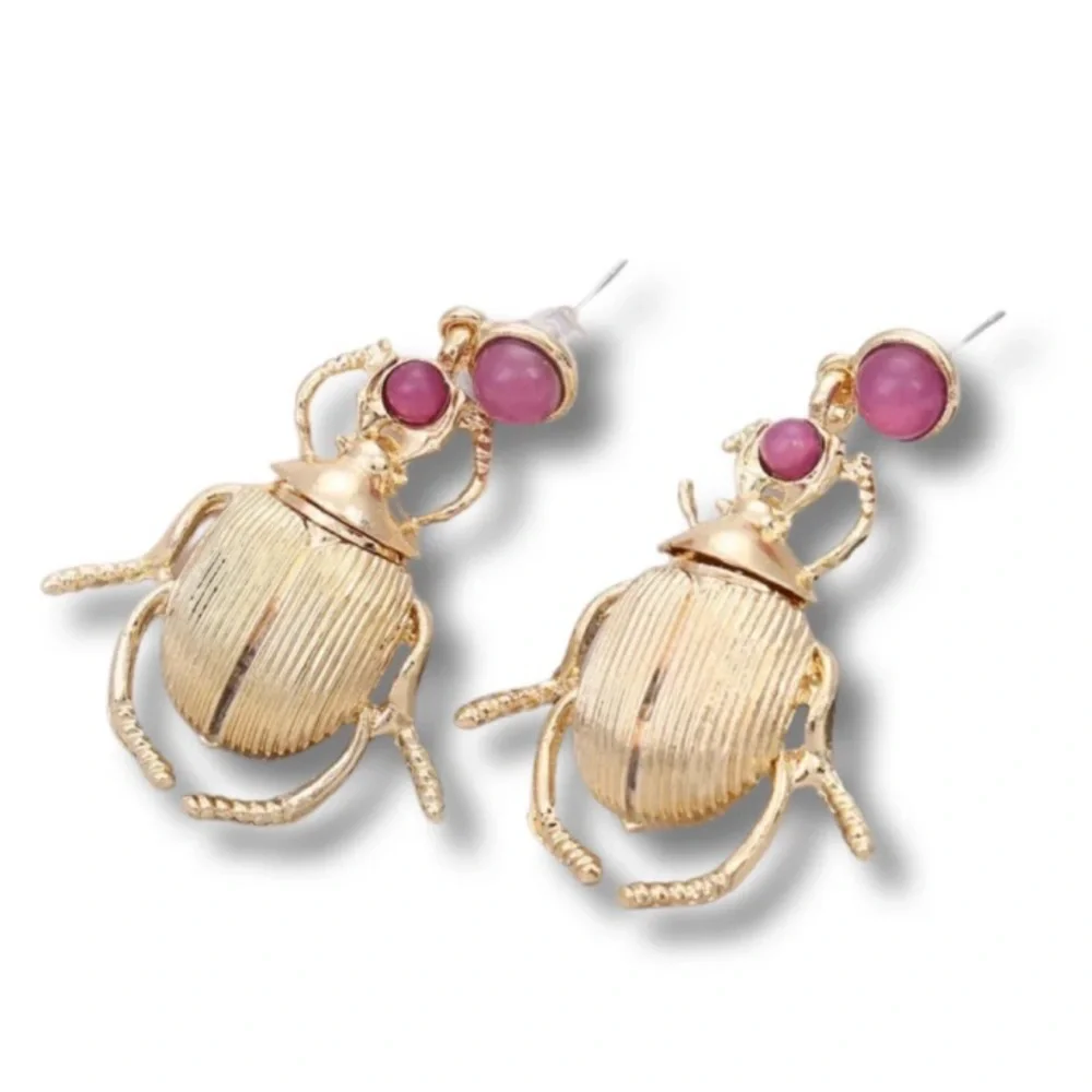 2/$30🌵 Egyptian Scarab Beetle Earrings Insect Gold Pink Art Nouveau Bug NEW